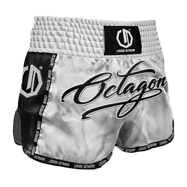 Spodenki treningowe Octagon Muay Thai Legion Script Premium Srebrne